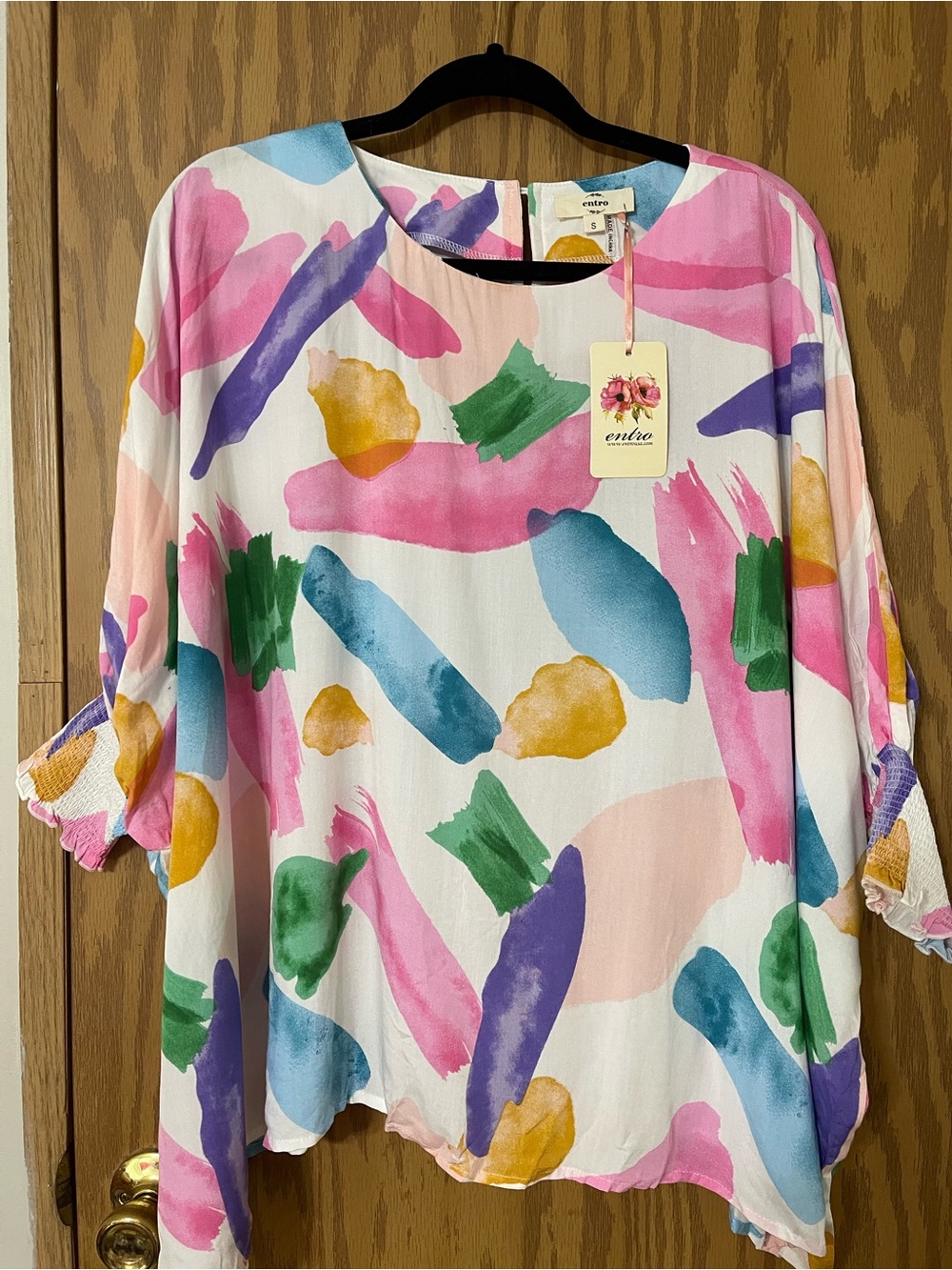 entro Multi-Color Abstract Brushstroke Top - Pink, Blue, Green, Yellow, Purple